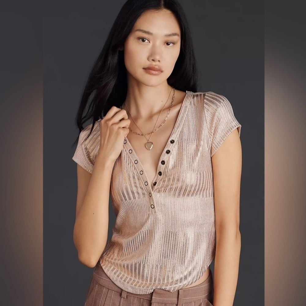 Pilcro The Andie Scoop Neck Ribbed Henley Top Shine Edition Size Xl Nwt